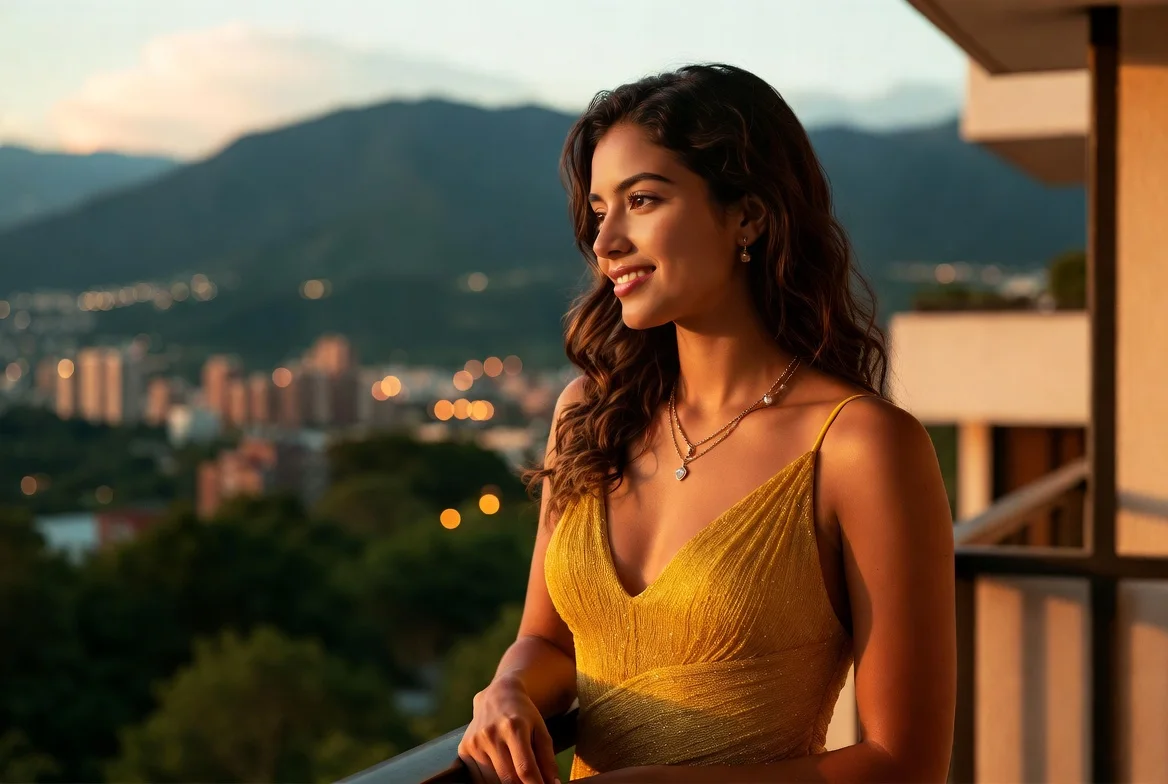 Mujer colombiana adulta en un balcón de Medellín