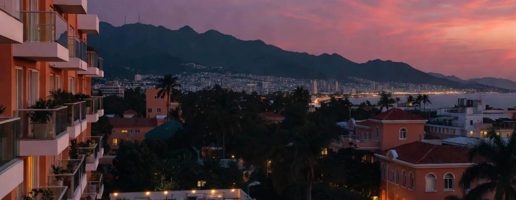 Ciudad latinoamericana al atardecer entre montañas y costa